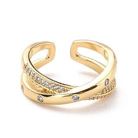 Anillo de dedo con brazalete de circonita cúbica entrecruzada para mujer, anillo abierto de latón bañado en oro real 18k, sin plomo y cadmio