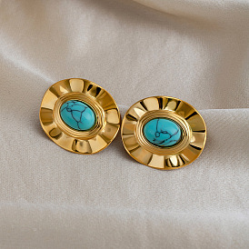 304 Stainless Steel Turquoise Stud Earrings for Women, Oval
