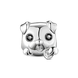 TINYSAND 925 Sterling Silver Puppy European Beads, with Cubic Zirconia, Dog Head with Coin