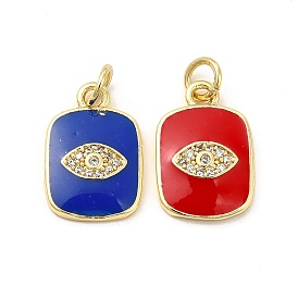 Brass Micro Pave Cubic Zirconia Pendants, with Enamel & Jump Ring, Rectangle with Eye Charm, Golden