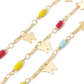Handmade Eco-friendly Brass Butterfly & Star Charms Chain, with Glass Rectangle Beaded, Real 18K Gold Plated, Lead Free & Cadmium Free, Soldered, with Spool