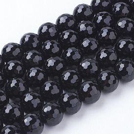 Brins de perles d'onyx naturel, teint, facette, ronde, 10mm, Trou: 1mm