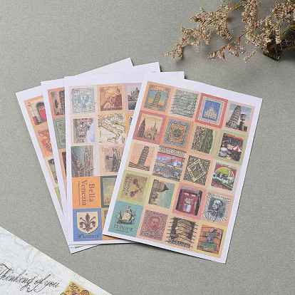 Postage Stamp Shape DIY Paper Label Paster Picture Stickers, Mixed Pattern, 22~56x16~44mm, about 5 sheets/set