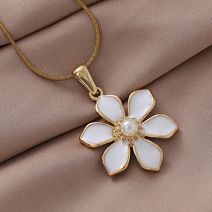 304 Женские ожерелья с подвеской в виде цветка вишни из нержавеющей стали с эмалью и искусственным жемчугом, белые