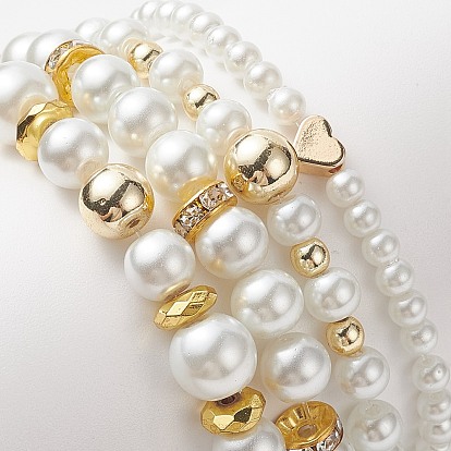 Glass Imitation Pearl Bead Stretch Bracelets, Brass Heart & Synthetic Hematite Bead Jewelry for Women