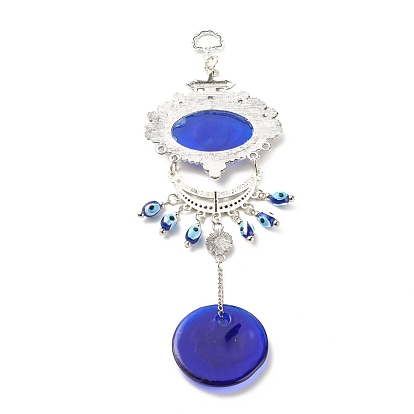 Glass Turkish Blue Evil Eye Pendant Decoration, with Alloy Flower & Moon Design Charm, for Home Wall Hanging Amulet Ornament