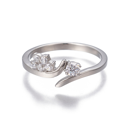 304 Stainless Steel Finger Rings, with Cubic Zirconia, Stainless Steel Color