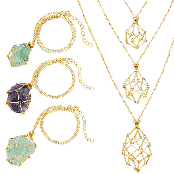 12Pcs 3 Styles Iron Empty Macrame Pouch Pendant Cable Chain Slider Necklace Making, for Gemstone Beads