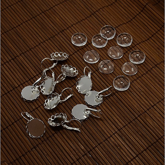 Brass Leverback Earrings Blank Base and Clear Domed Glass Covers, Earring: 28x17mm, Pin: 0.5mm, Glass: 15.73~16.13x5.3mm