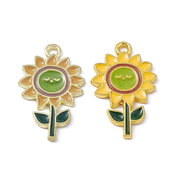 Alloy Enamel Pendants, Light Gold, Sunflower Charm