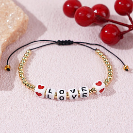 Браслеты из плетеных бусин с акриловыми кубиками и надписью «любовь», регулируемые браслеты из латуни