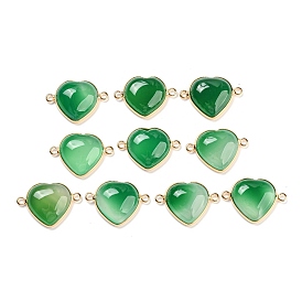 Natural Green Onyx Agate/ Carnelian Connector Charms, Golden Tone Brass Edge, Heart