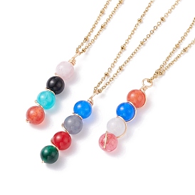 Collar de colgantes de cuentas de jade blanco natural para mujer, collar con colgante de cuentas de piedra redonda con envoltura de alambre, dorado