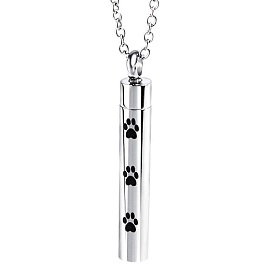 Pet Memorial Necklace, Titanium Steel Urn Ashes Pendant Necklace, Column with Paw Print Locket Pendant Necklace for Men Women