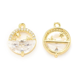 Brass Micro Pave Cubic Zirconia Charms, with Glass, Flat Round with Star & Moon Charm