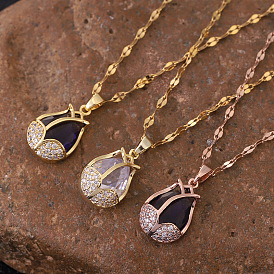 Cat Eye Stone Flash Diamond Tulip Flower Necklace - Versatile, Gold-plated, Collarbone Chain.