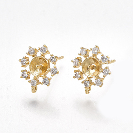Brass Stud Earring Findings, For Half Drilled Beads, with Loop, Cubic Zirconia, Nickel Free, Real 18K Gold Plated, Flower, Clear