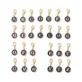 26Pcs Black Flat Round with Letter Alloy Enamel Charms Pendant Decorations, with Alloy Lobster Claw Clasps, Golden