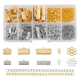 DIY Jewelry Making Finding Kits, Including 60Pcs 304 Stainless Steel Ribbon Crimp Ends, Brass Lobster Claw Clasps & Twisted Chains & Jump Rings