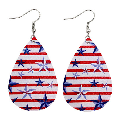 Independence Day Teardrop Imitation Leather Dangle Earrings for Women, Star Pattern