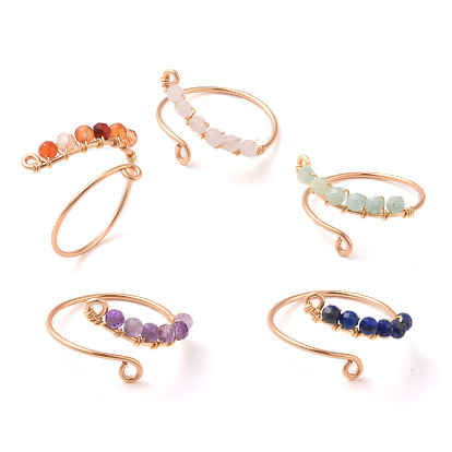 Natural Gemstone Round Beaded Open Cuff Ring, Light Gold Copper Wire Wrap Jewelry for Women