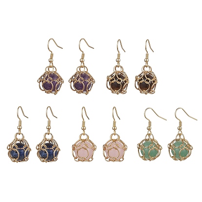 Natural Mixed Gemstone Dangle Earrings, 304 Stainless Steel Macrame Pouch Drop Earrings