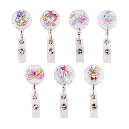 7 enrouleurs de badges en acrylique, avec porte-badge rétractable en plastique ABS, avec de la poudre de paillettes