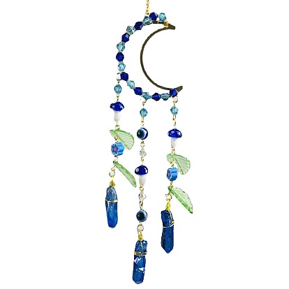Glass Bead Wrapped Moon Hanging Ornaments, Cone Tassel Suncatchers for Home Outdoor Decoration