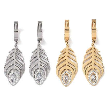 Feather 304 Stainless Steel Polymer Clay Rhinestone Dangle Earrings, Hoop Earrings for Women