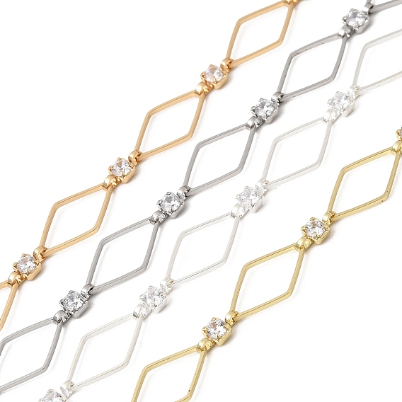 Цепи ручной работы из латуни с прозрачными кубическими циркониями в форме ромба, несварные, с катушкой