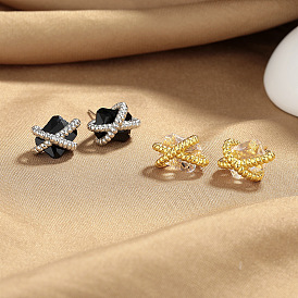 Латунь кубического циркония серьги стержня, Витая веревка с прямоугольником