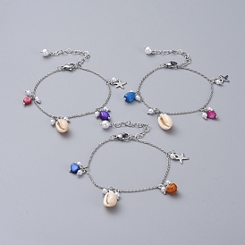 Cowrie Shell Charm Bracelets, with Dyed Shell Beads, Plastic Imitation Pearl Beads, 304 Stainless Steel Charms, Cable Chain and Lobster Claw Clasps