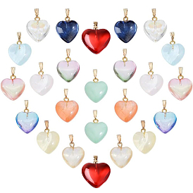 24Pcs 12 Colors Glass Pendants, with Golden Alloy Pin, Heart