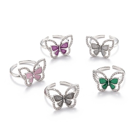 Brass Micro Pave Clear Cubic Zirconia Cuff Rings, Open Rings, with Enamel, Long-Lasting Plated, Butterfly