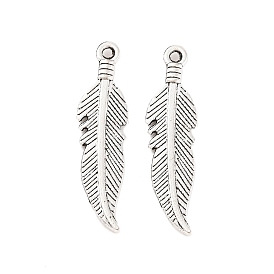 Tibetan Style Alloy Pendants, Feather, Cadmium Free & Lead Free, 25.5x7x1mm, Hole: 1.5mm, about 1388pcs/1000g