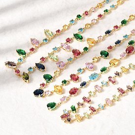 Латунные геометрические звенья цепи с разноцветными кубическими циркониями, реальный 18 k позолоченный