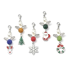 Christmas Theme Angel Alloy Enamel Pendant Decoration, with Polymer Clay Rhinestone Beads and 304 Stainless Steel Lobster Claw Clasps, Santa Claus/Deer/Tree/Snowflake