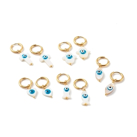 304 Stainless Steel Huggie Hoop Earrings, with Natural Shell Beads, Mixed Shapes with Evil Eye, Dodger Blue