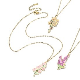 3Pcs 3 Style Alloy Enamel Flower Pendant Necklaces Set with 304 Stainless Steel Chains
