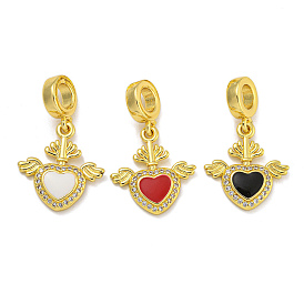 Rack Plating Brass Enamel European Dangle Charms, Clear Cubic Zirconia Wing Heart Large Hole Pendants, Real 18K Gold Plated, Long-Lasting Plated, Cadmium Free & Lead Free