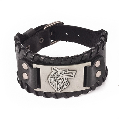 Full Grain Leather Cord Bracelets, with Alloy Link and Watch Band Clasps, Rectangle with Wolf Head