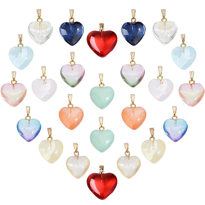 24Pcs 12 Colors Glass Pendants, with Golden Alloy Pin, Heart