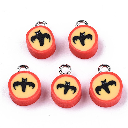 Handmade Polymer Clay Charms, with Platinum Tone Iron Findings, Flat Round with Halloween Bat