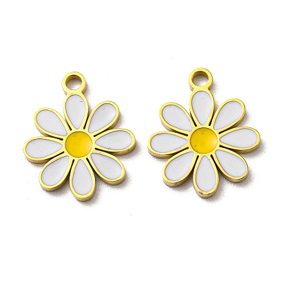 304 Stainless Steel Enamel Charms, Daisy Charms, White
