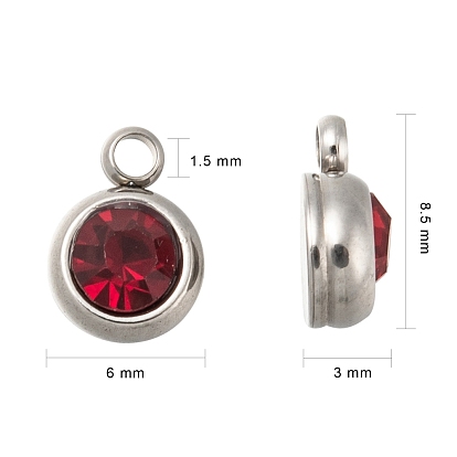 201 Stainless Steel Rhinestone Charms, Birthstone Necklace Charms, Flat Round, Stainless Steel Color