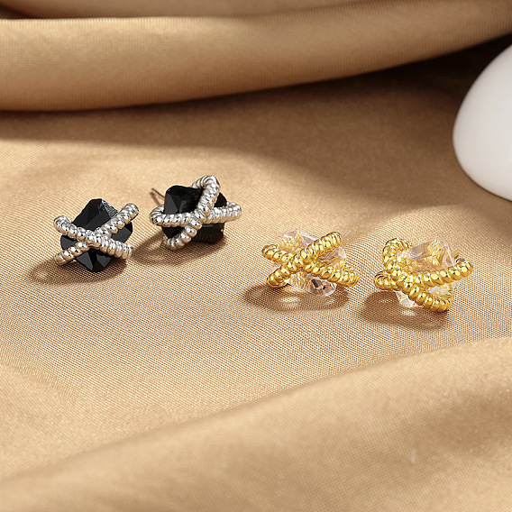 Латунь кубического циркония серьги стержня, Витая веревка с прямоугольником