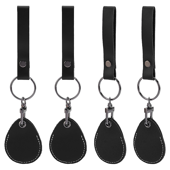 Leather Keychains, Teardrop, with Split Key Ring, Platinum