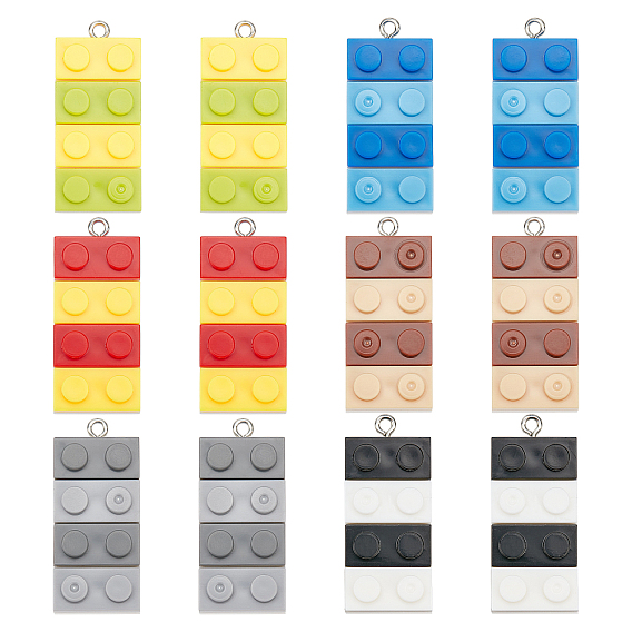 12Pcs 6 Colors Resin Pendants, with Platinum Iron Loop, Toy Bricks