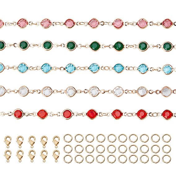 5m 5 цвета латунь стекло стразы цепочки звенья, несварные, плоско-круглые, золотой свет, с латунными застежками-когтями из 10 шт., 30шт латуни кольца прыжок