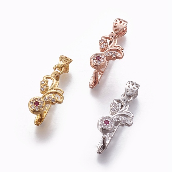 Brass Ice Pick Pinch Bails, with Cubic Zirconia, Butterfly, Clear